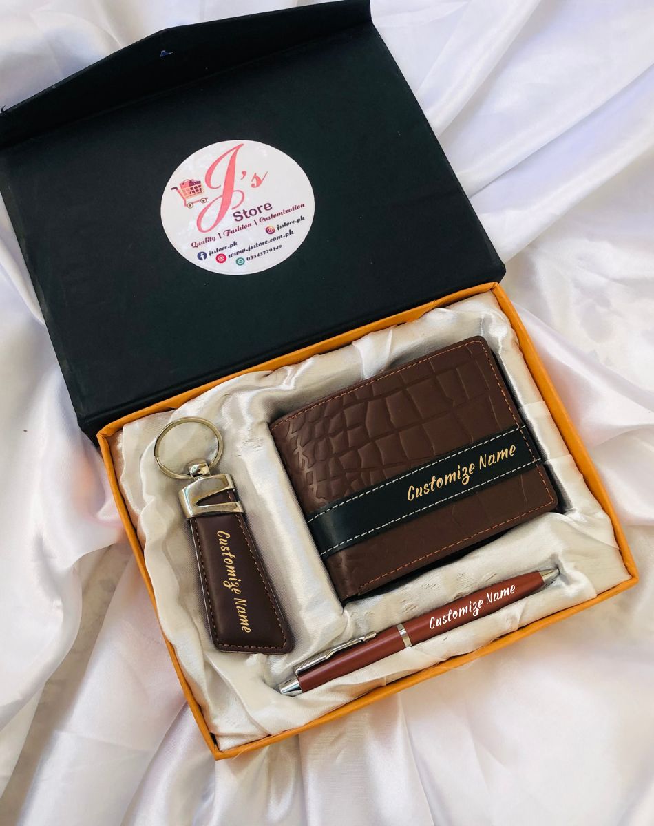 Personalized Crocodile Style Brown Leather Wallet, Keychain, and Pen Set with Golden Engraving