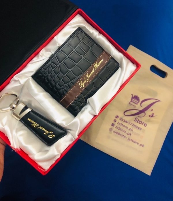 Name Engraved Crocodile Style Leather Wallet & Keychain Gift-set in Black Color