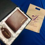 Customized Name Engraved Leather Wallet & Keychain Gift-set in Brown Golden