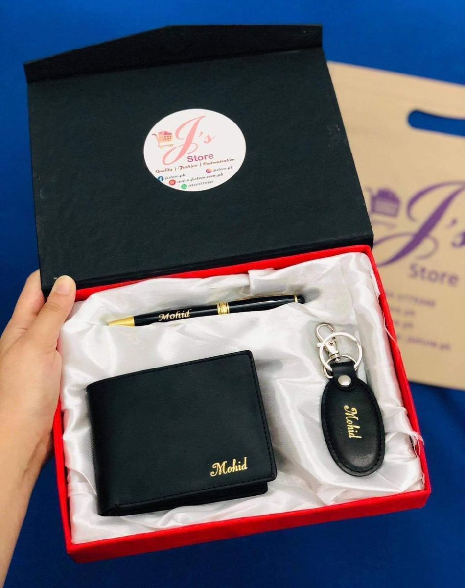 Wallet Keychain and Pen Gift Set Black Golden Color