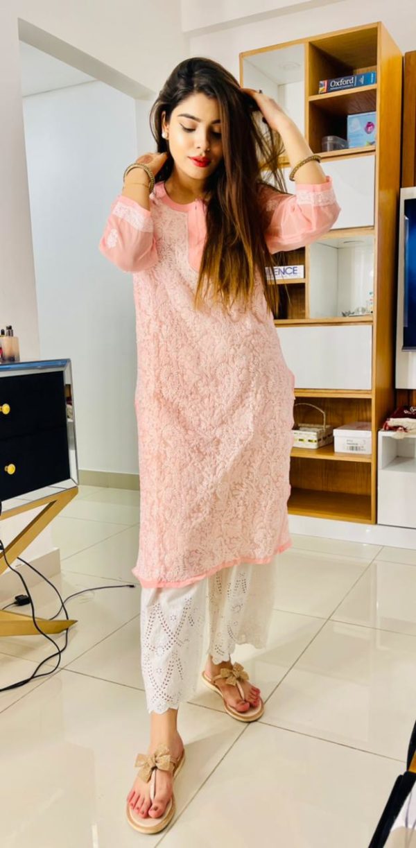 Lucknowi Chikankari Kurta Chiffon Peach J's Store Chikankari