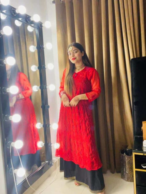 Lucknowi Chikankari Kalidaar Crimson