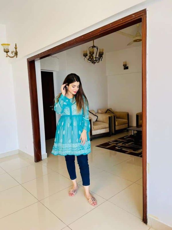 Lucknowi Chikankari Peplum Frock Turquoise