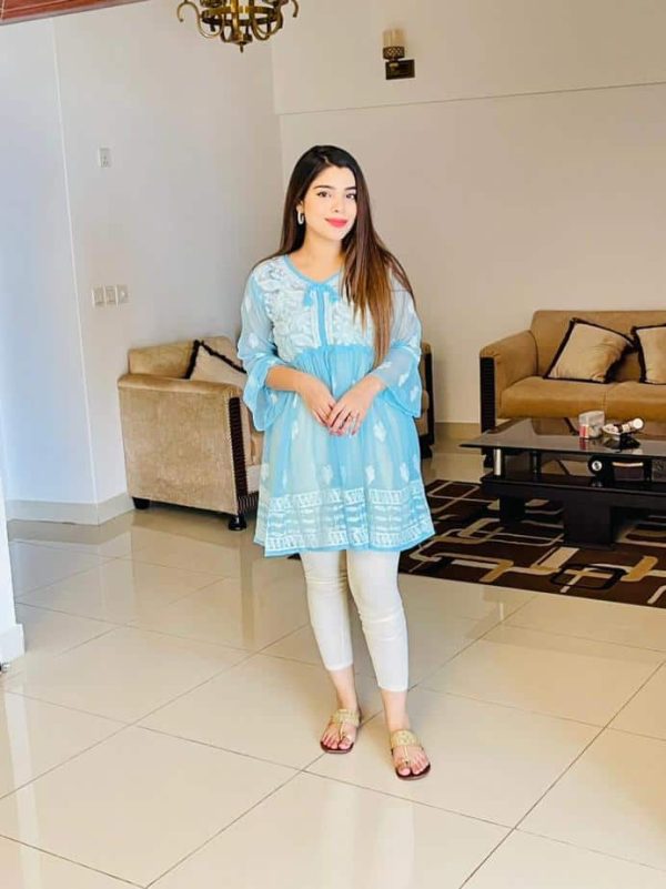 Lucknowi Chikankari Peplum Frock Sky Blue