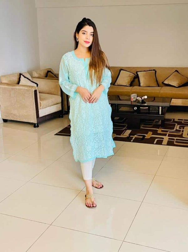 In this photo this gorgeous girl is wearing Lucknowi Chikankari Kurta Chiffon Sea Green