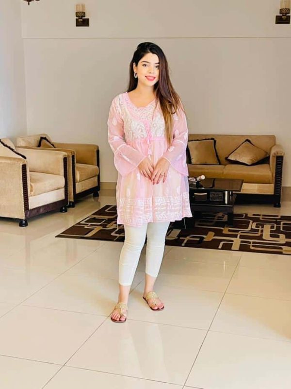 Sahar Rashid is looking as cute as a button in our Lucknowi Chikankari Peplum Frock Baby Pink