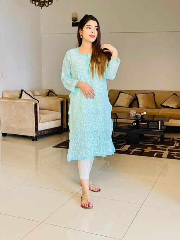 Lucknowi Chikankari Kurta Chiffon Sea Green