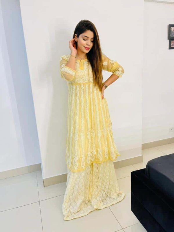 In this photo the beautiful Sahar Rashid is wearing our Lucknowi Chikankari Kalidaar Yellow