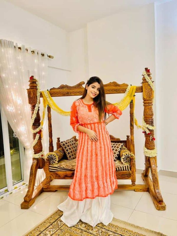 Lucknowi Chikankari Kalidaar Orange