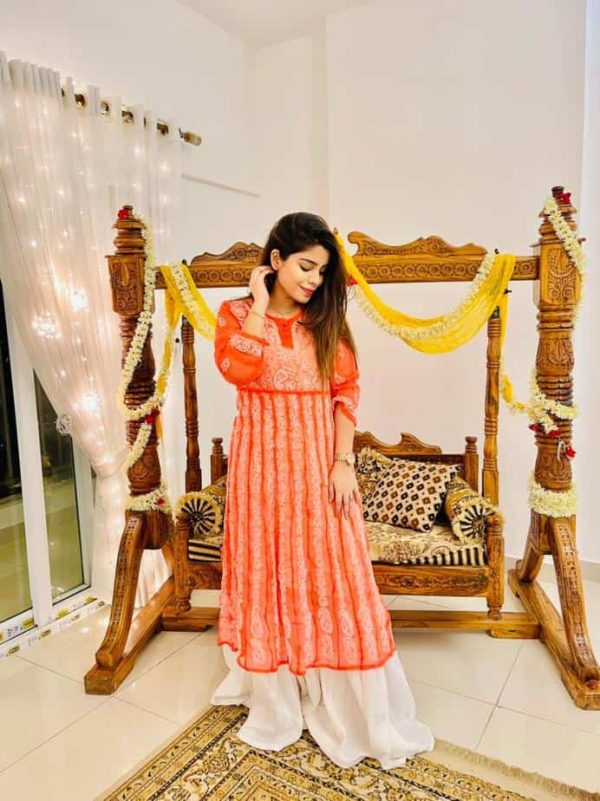 Lucknowi Chikankari Kalidaar Orange