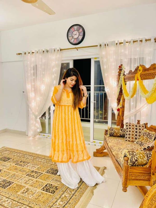 Lucknowi Chikankari Kalidaar Saffron