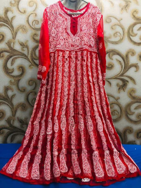 Lucknowi Chikankari Kalidaar Red
