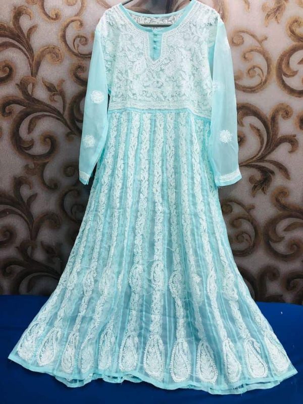Lucknowi Chikankari Kalidaar Ice Blue - J's Store | Authentic Chikankari