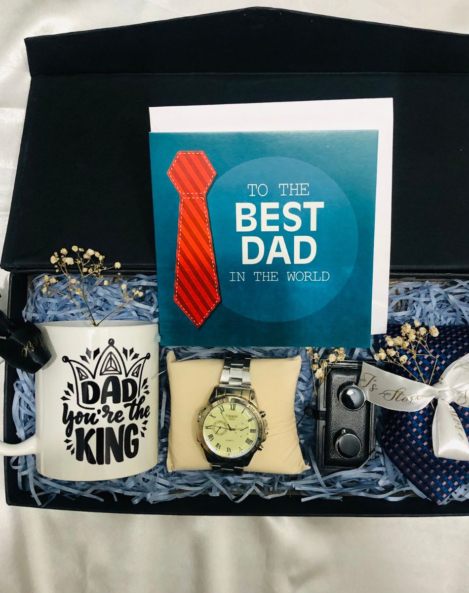 Father’s Day Gift Set | Marble Cufflinks, Printed Tie, Personalized Mug, Wristwatch, and Best Dad Card