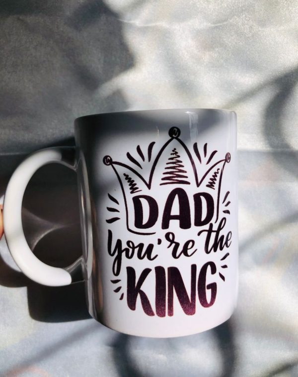 Customized Father's Day Mug with 'Dad You Are The King' Text on White Background