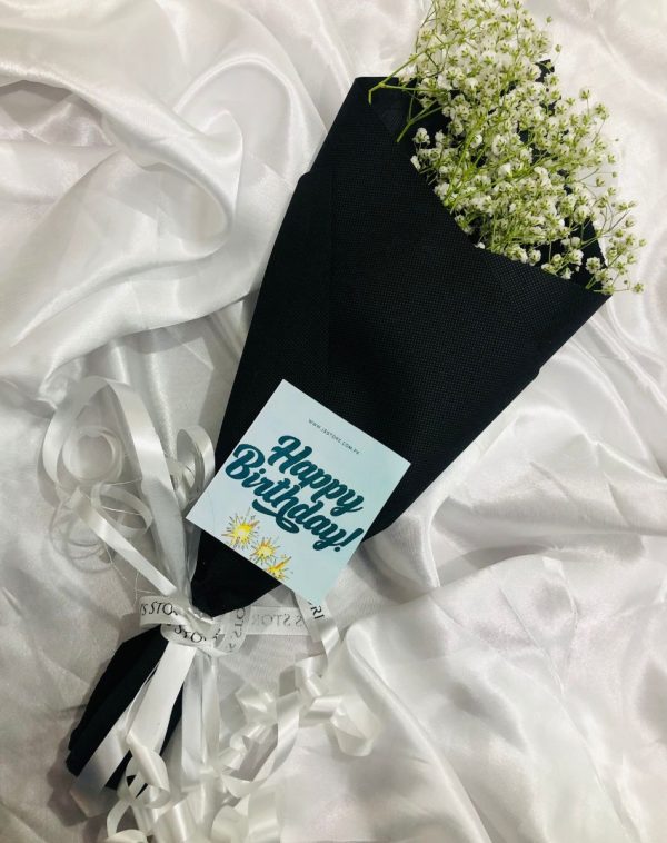 Baby's Breath Bouquet with Birthday Mini Card on White Silk Background