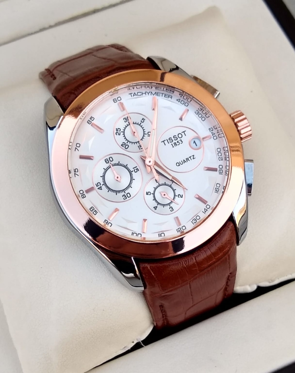 Tissot Chronograph Watch: Brown Strap and Cream White Dial
