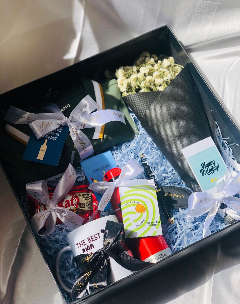 Man Crush Gift Box: Olive Green Polo Shirt, Customized Mug, Deodorant, Keychain, Pen, KitKat Bars, and Baby’s Breath Bouquet