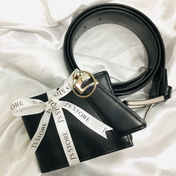 Set of Black Cow Leather Wallet, Keychain and Belt