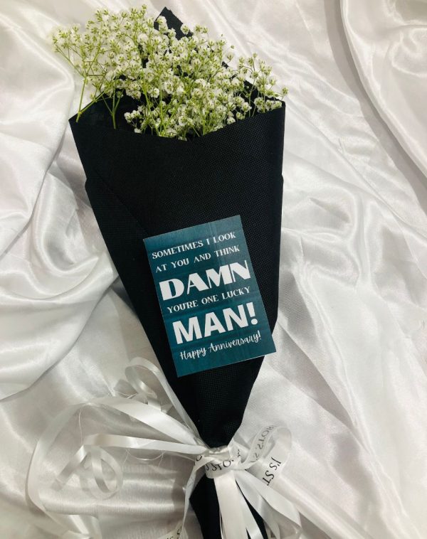 Baby's Breath Bouquet for Anniversary on White Background and decorated with Mini Card and Ribbons