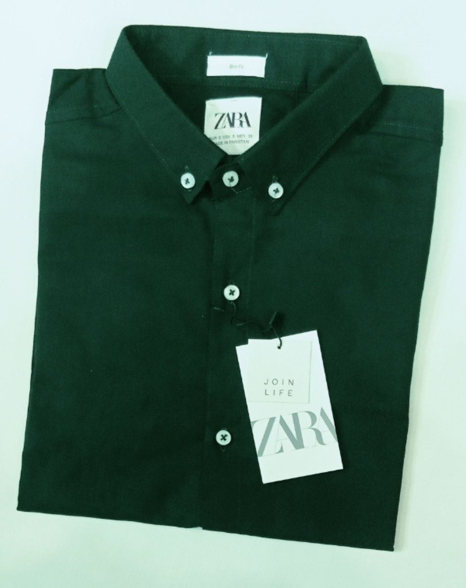 Dark Green Plain ZARA Casual Shirt