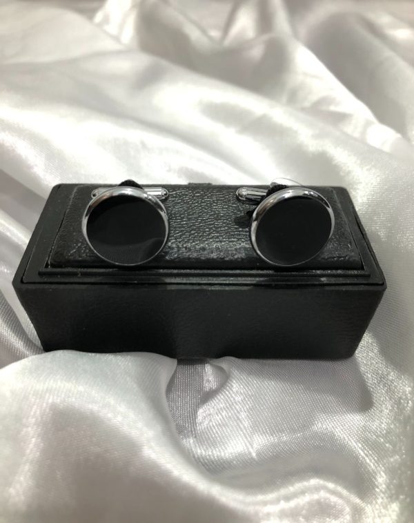 Black Marble Cufflinks with Sophisticated Packaging on White Background