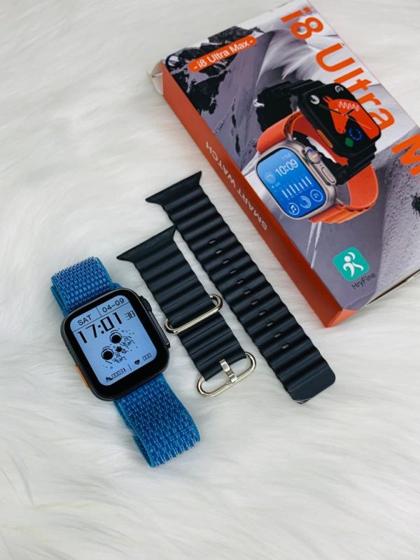 I8 Ultra Max Blue with Black Strap and Smartwatch brand box and accessories on a white background