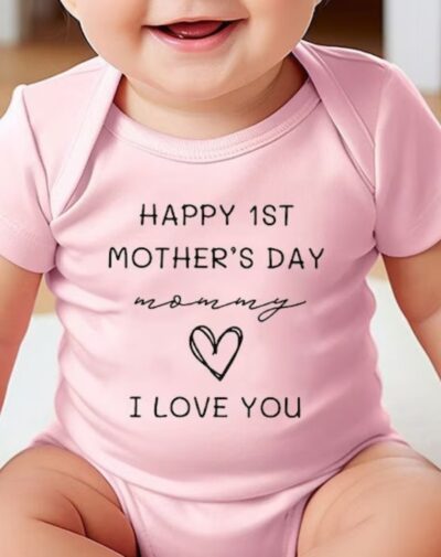 Baby wearing Mother's Day Romper with "Happy 1st Mother's Day" message.