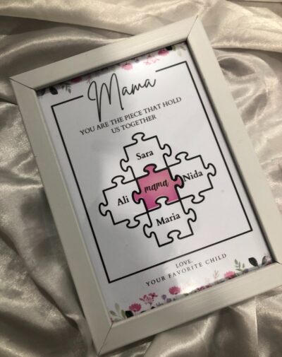 Mother’s Day Family Puzzle Frame gift with floral design and names on puzzle pieces, from J’s Store in Pakistan.
