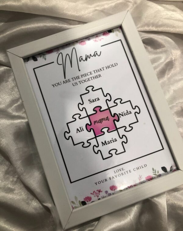 Mother’s Day Family Puzzle Frame gift with floral design and names on puzzle pieces, from J’s Store in Pakistan.
