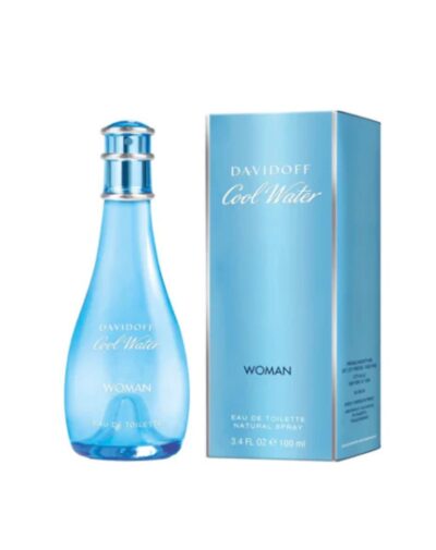 Cool Water Woman perfume bottle and packaging by Davidoff in soft ocean blue