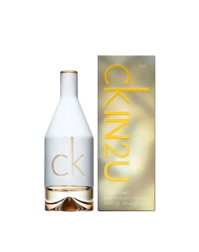 IN2U Women by Calvin Klein perfume bottle and box in white and gold design