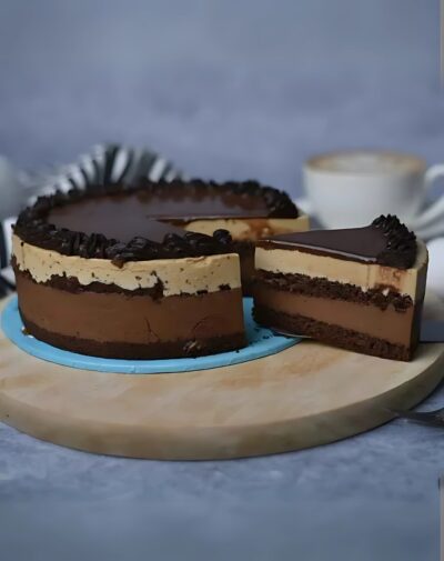 Mocha Java Cake – Layered with coffee mousse, chocolate mousse, sponge, and ganache