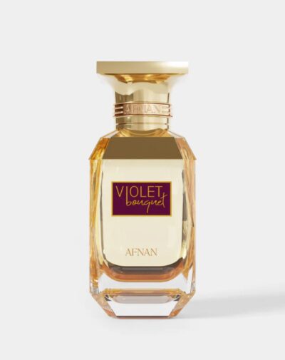 Violet Bouquet by AFNAN Perfumes – elegant golden bottle with a purple label, ideal for women.