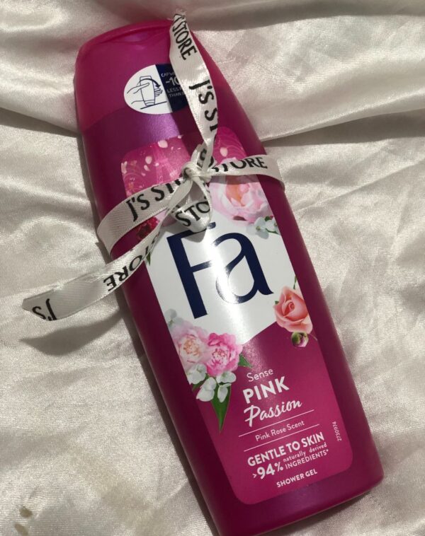 A vibrant pink bottle of Fa Shower Gel with a "Sense Pink Passion" label and a "Pink Rose Scent.