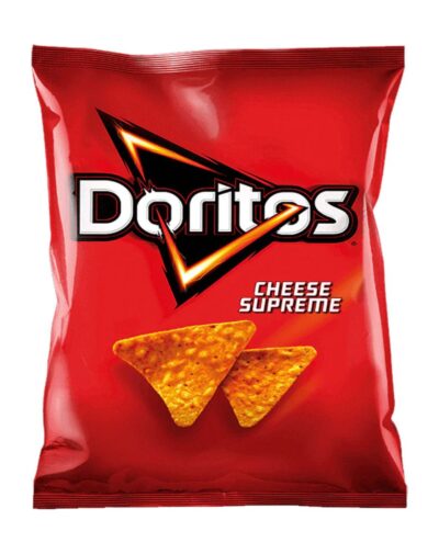 A small red bag of Doritos Cheese Supreme 30g showing two triangular corn chips.