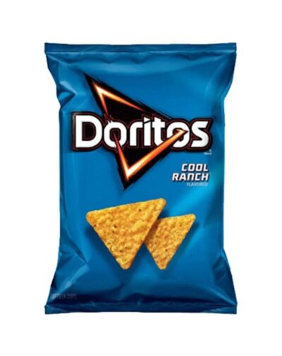 A large blue bag of Doritos Cool Ranch 198g showing two triangular corn chips.