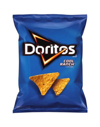 A large dark blue bag of Doritos Cool Ranch 311g showing two triangular corn chips.