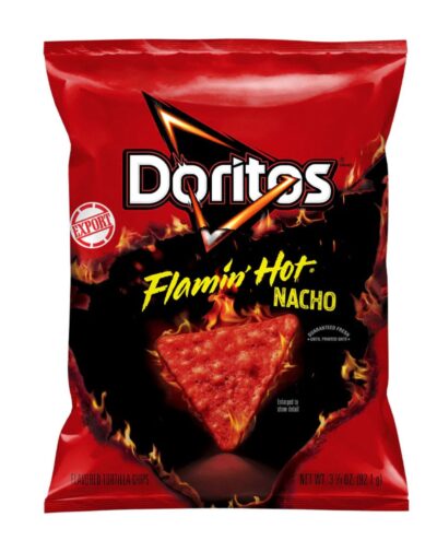 A red bag of Doritos Flamin' Hot Nacho 92g with flames and a spicy chip.