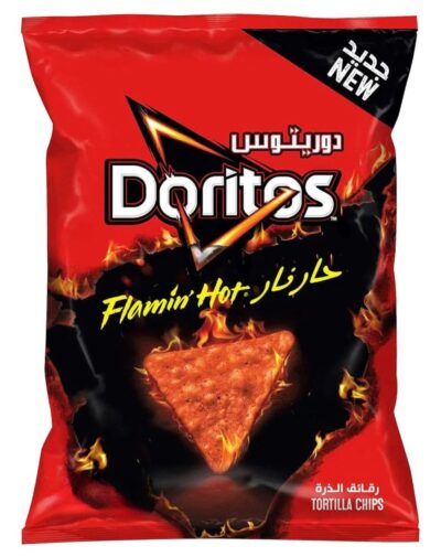 A large red bag of Doritos Flamin' Hot Tortilla Chips 175g with flames and a spicy chip.