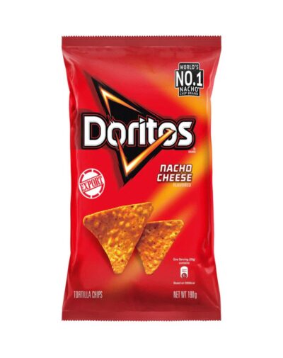 A large red bag of Doritos Nacho Cheese 198g showing two triangular corn chips.