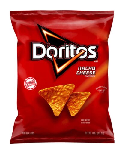 A large red bag of Doritos Nacho Cheese 311g showing two triangular corn chips.