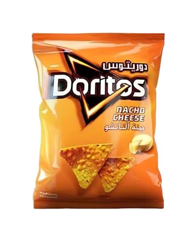 A small orange bag of Doritos Nacho Cheese Chips 48g with two triangular corn chips.