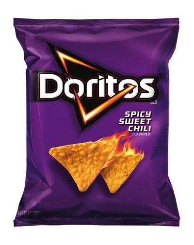 A large purple bag of Doritos Spicy Sweet Chili 311g showing two triangular corn chips.