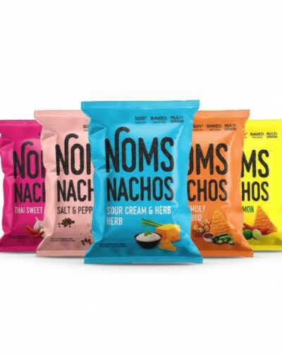 A colorful lineup of Noms Nachos bags showcasing all six flavors.