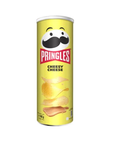 A bright yellow can of Pringles - Cheesy Cheese 165g showing the brand mascot and stackable chips.