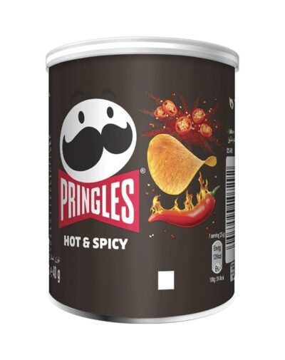 A dark brown can of Pringles - Hot & Spicy 40g with chili peppers and flames.