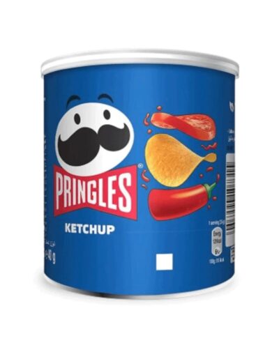 A small blue can of Pringles - Ketchup 40g featuring the brand mascot and ketchup illustrations.