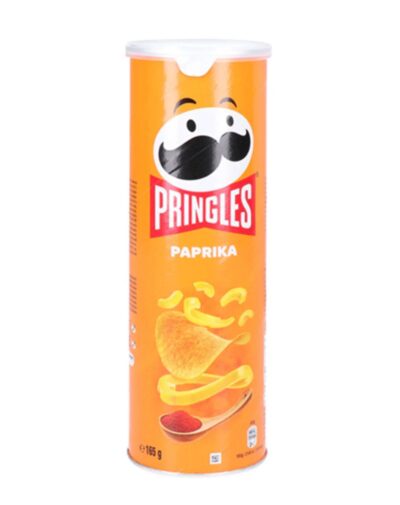 A tall orange can of Pringles - Paprika 165g showing a spoonful of paprika spice and floating chips.