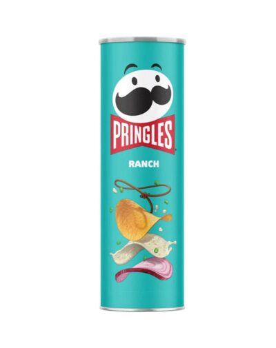A tall teal blue can of Pringles - Ranch 165g showing a chip being lassoed by a rope.